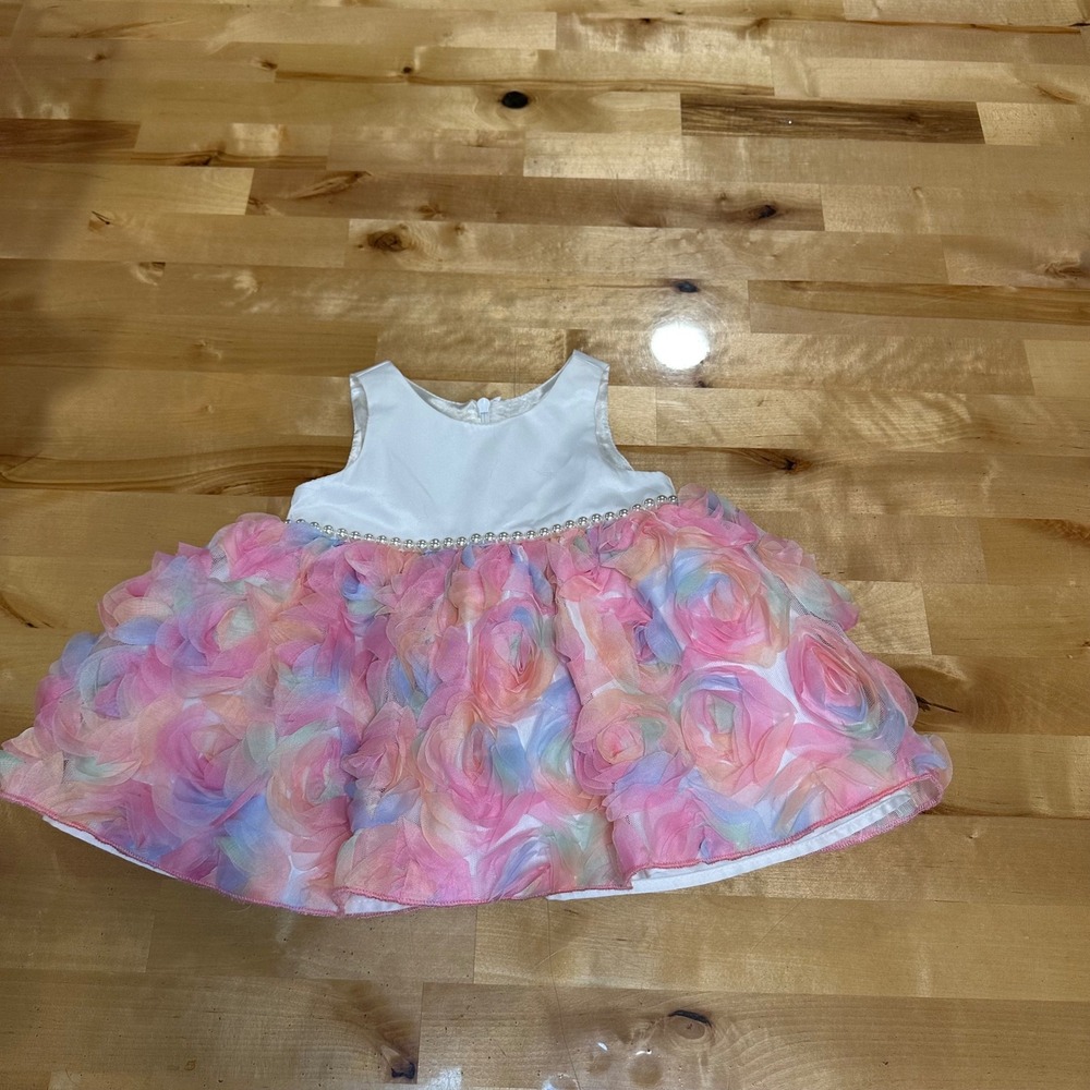 American Princess Rosette Dress Baby Girl 6M White Pink Excellent Floral Pearl